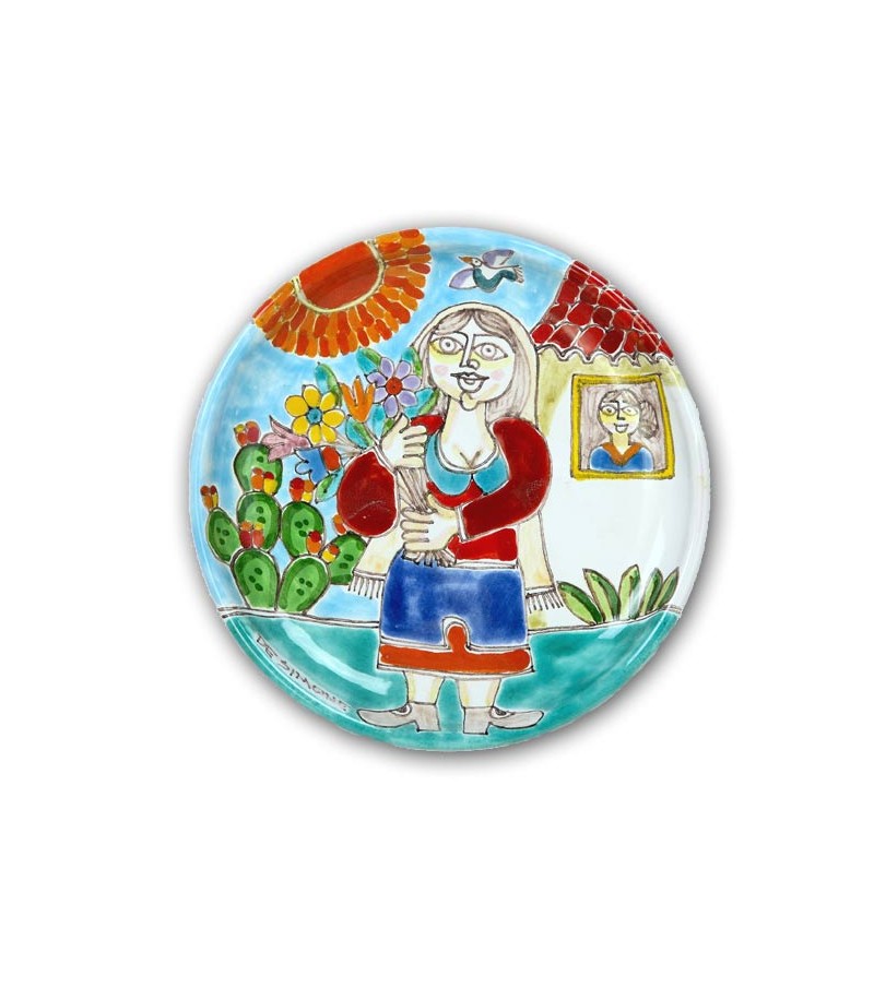 Piatto in Ceramica raffigurante "Donna con Fiori"