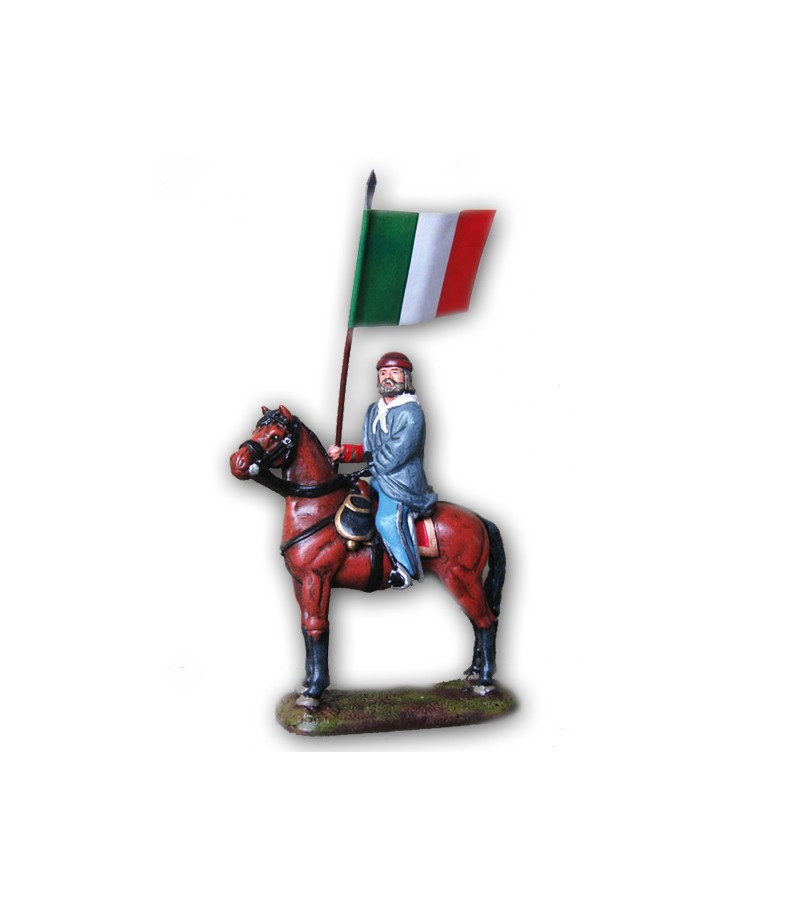 Soldatino Garibaldi a cavallo con bandiera eseguito in lega a base di Stagno