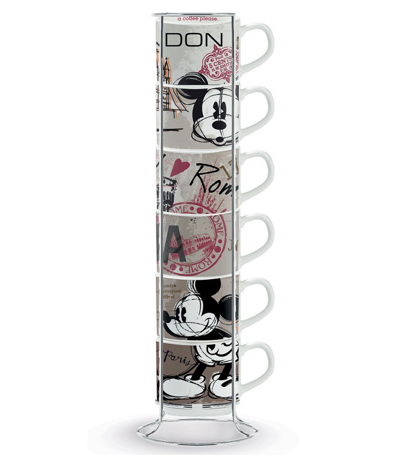 "In the city" stackable coffee cups set of 6 with metal rack