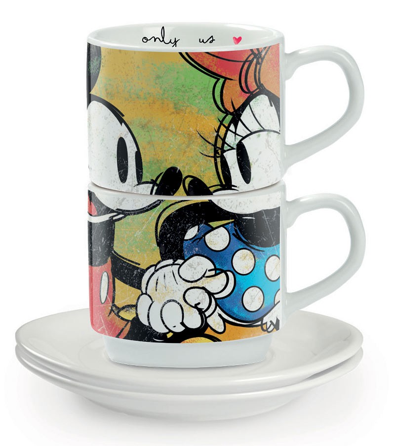 Mickey & Minnie set 2 stackable espresso cups with plate