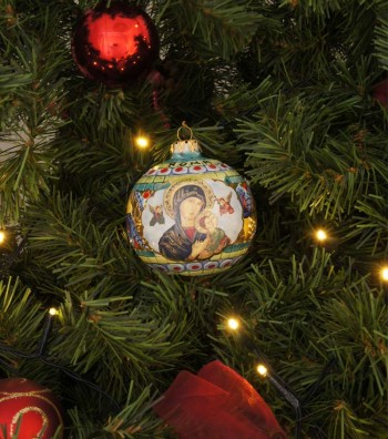 Palla di Natale in ceramica Madonna con Bambino appesa su albero