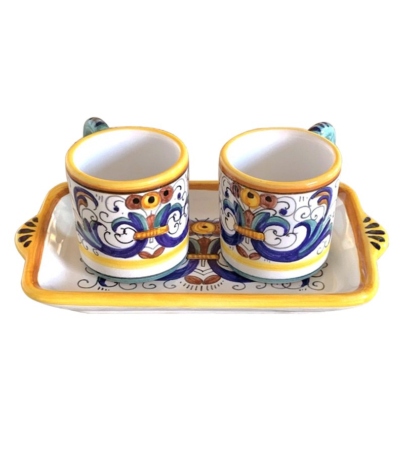 Set of two cups with tray hand-painted ceramic "Deruta" decoration frontal view